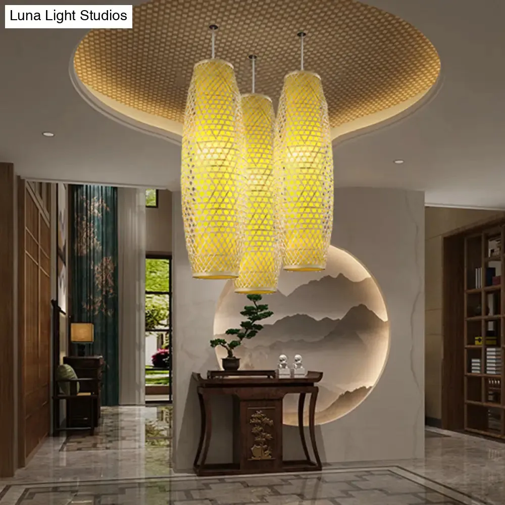 1-Head Bamboo Pendant Asian Ceiling Lamp - Hanging Suspension, 2 Layers - Beige