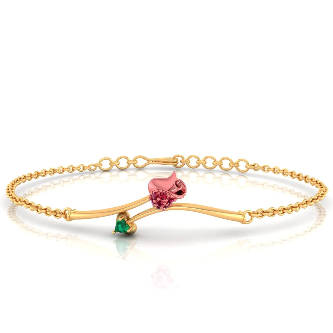 14k Gold Bracelet With A Yellow Shaped Design And A Green Stone