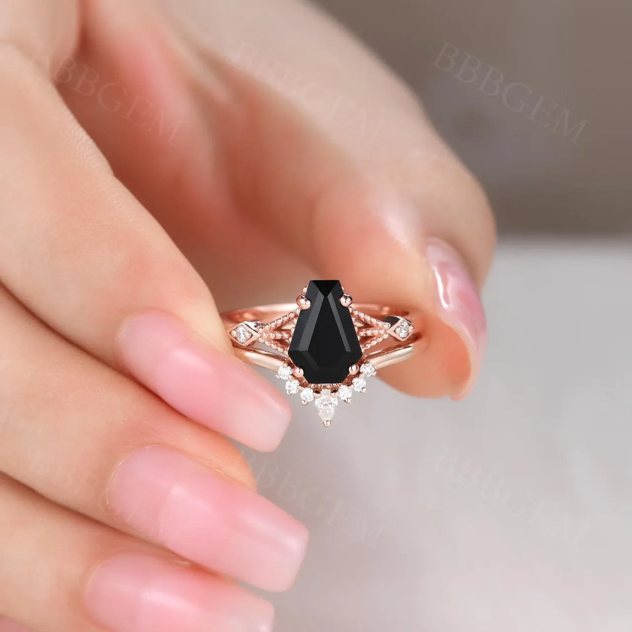 14k Rose Gold Coffin Black Spinel Diamond Wedding Set 9x6mm Coffin Shaped Onyx Ring Set