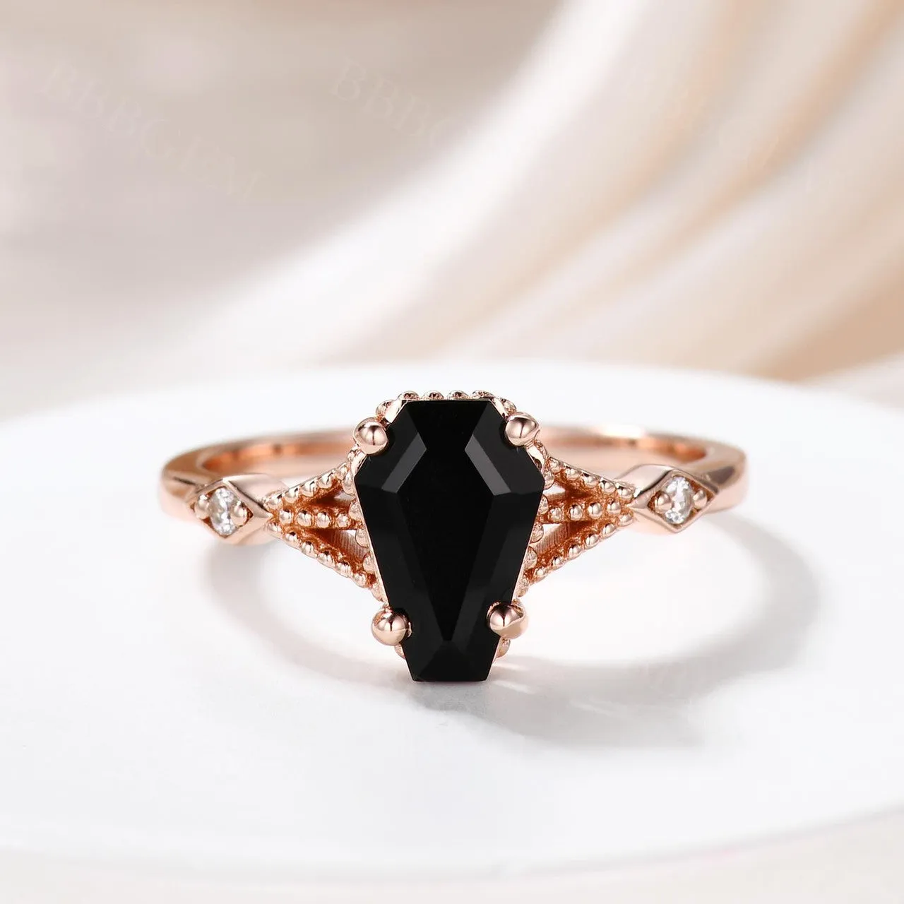 14k Rose Gold Coffin Black Spinel Diamond Wedding Set 9x6mm Coffin Shaped Onyx Ring Set