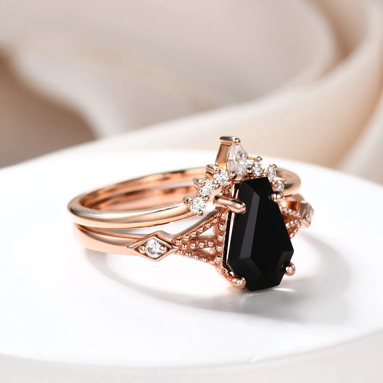 14k Rose Gold Coffin Black Spinel Diamond Wedding Set 9x6mm Coffin Shaped Onyx Ring Set