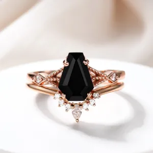 14k Rose Gold Coffin Black Spinel Diamond Wedding Set 9x6mm Coffin Shaped Onyx Ring Set