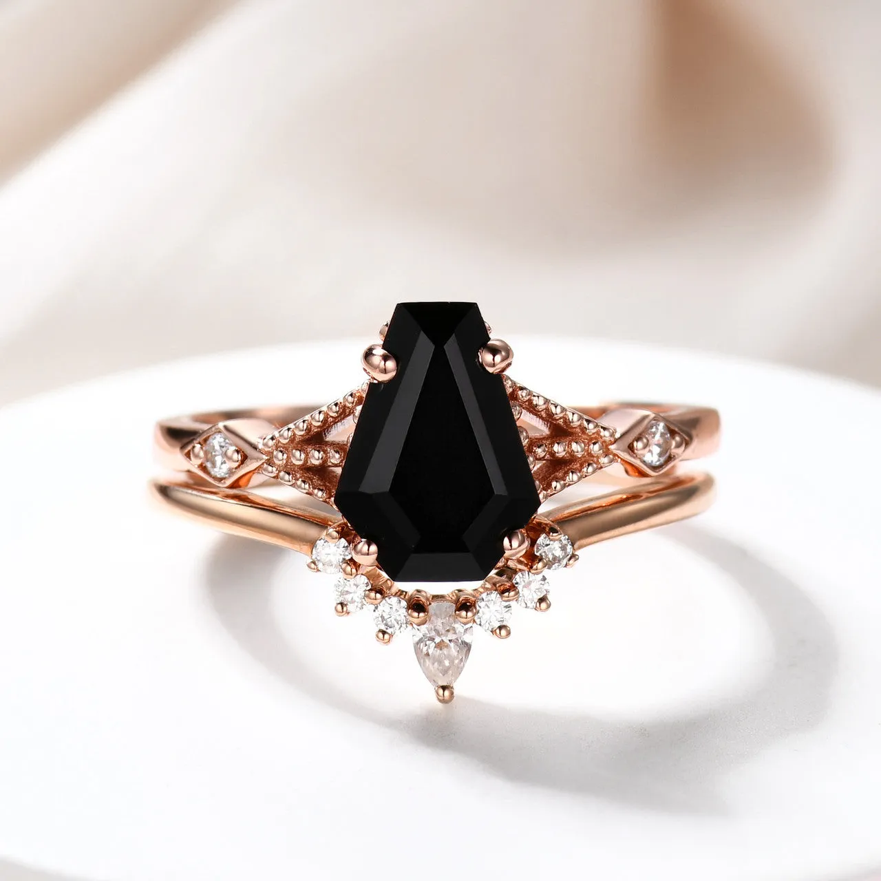 14k Rose Gold Coffin Black Spinel Diamond Wedding Set 9x6mm Coffin Shaped Onyx Ring Set