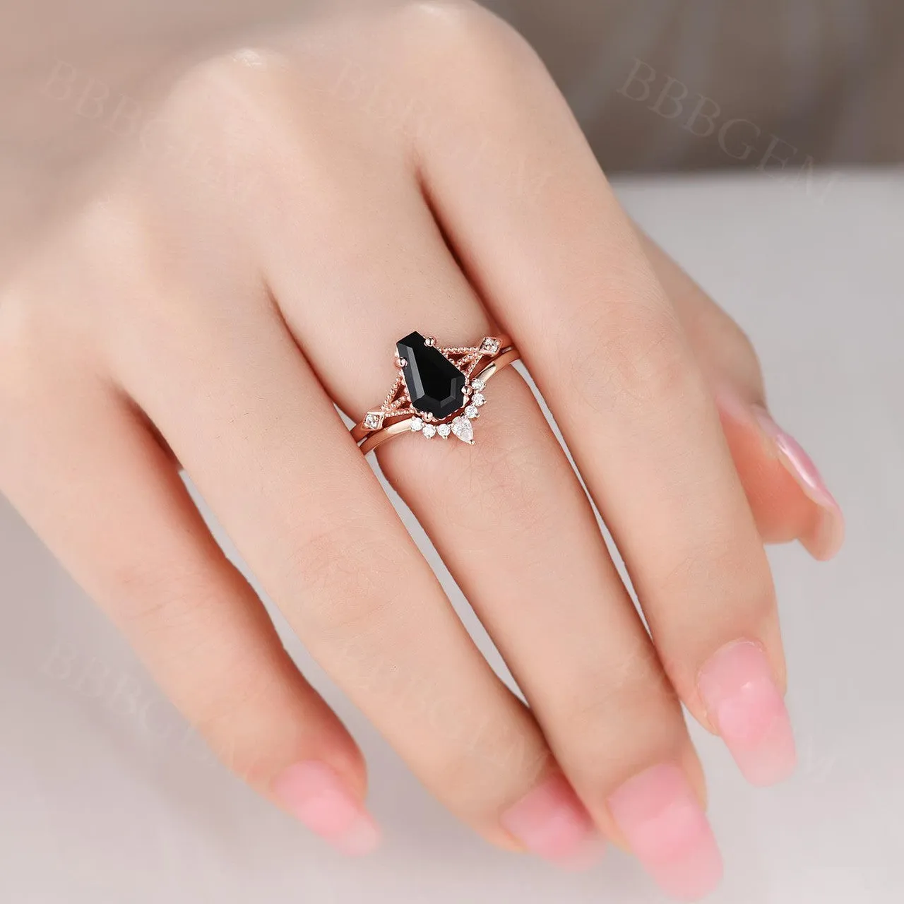 14k Rose Gold Coffin Black Spinel Diamond Wedding Set 9x6mm Coffin Shaped Onyx Ring Set