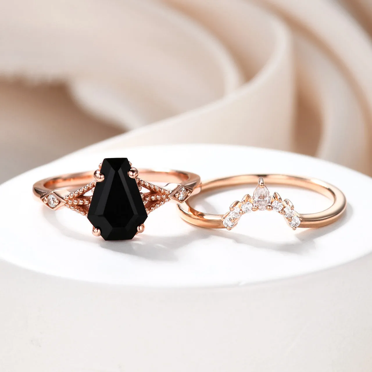 14k Rose Gold Coffin Black Spinel Diamond Wedding Set 9x6mm Coffin Shaped Onyx Ring Set