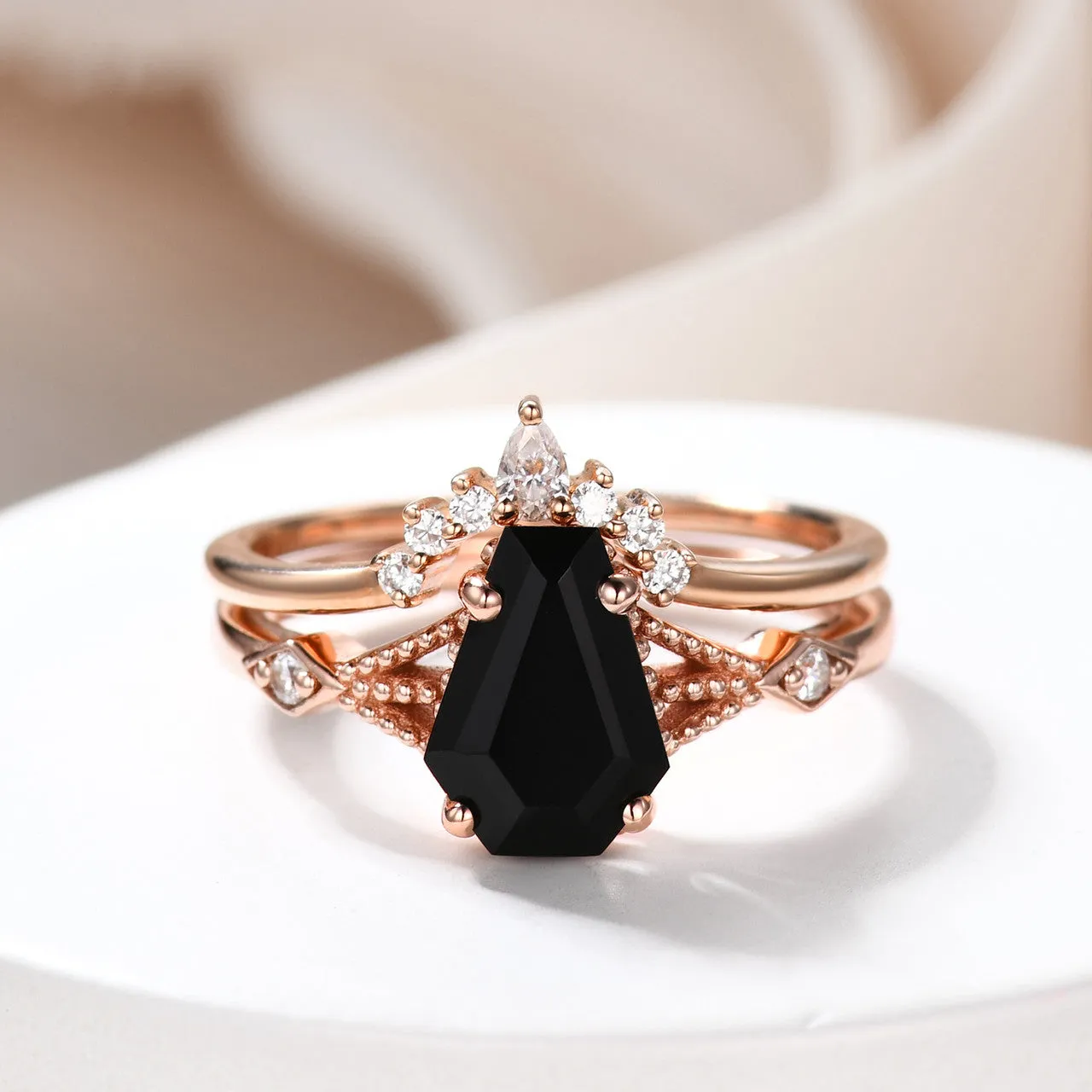 14k Rose Gold Coffin Black Spinel Diamond Wedding Set 9x6mm Coffin Shaped Onyx Ring Set