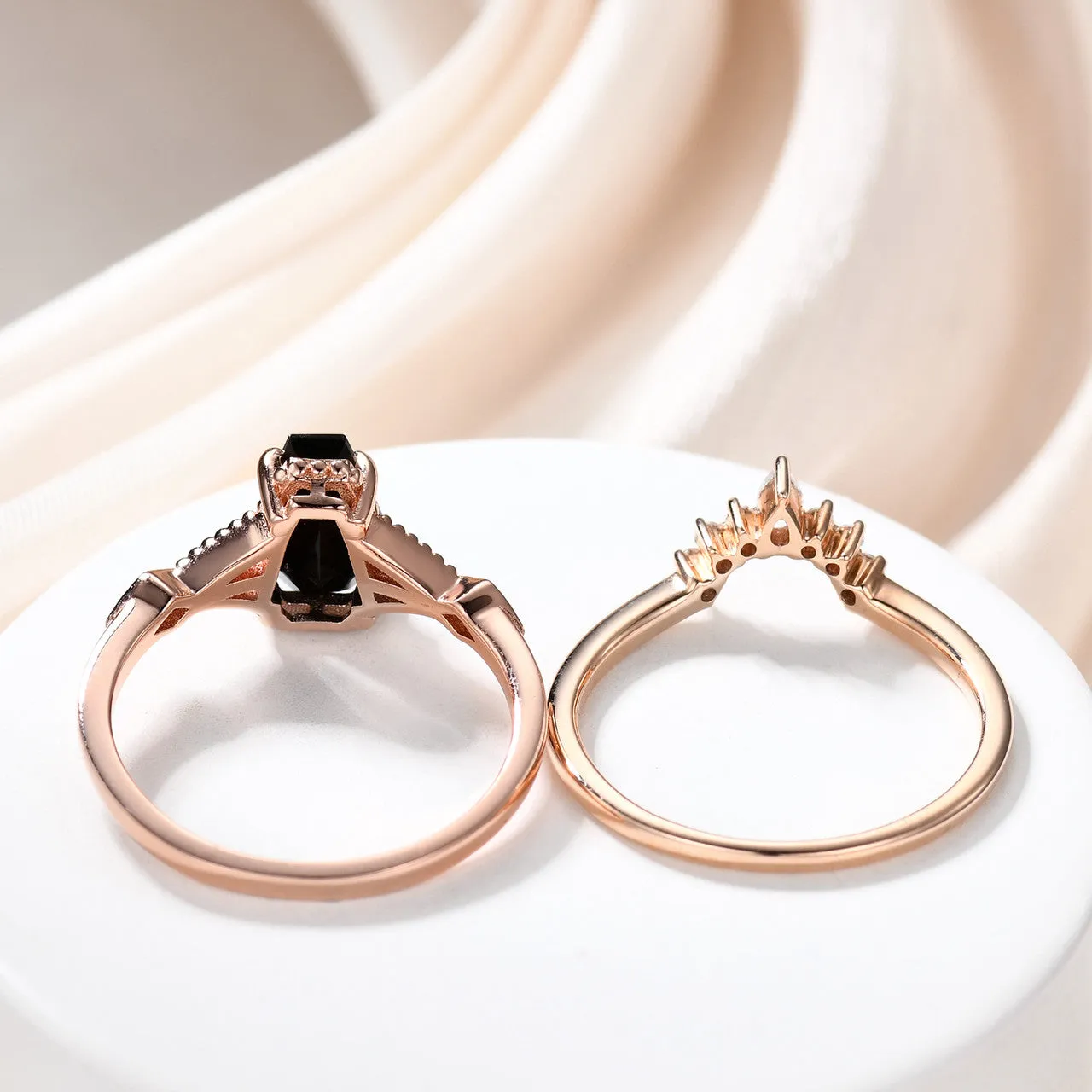 14k Rose Gold Coffin Black Spinel Diamond Wedding Set 9x6mm Coffin Shaped Onyx Ring Set