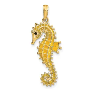 14k Yellow Gold 3-Dimensional Textured Polished Black Enameled Eye Finish Mens Seahorse Charm Pendant