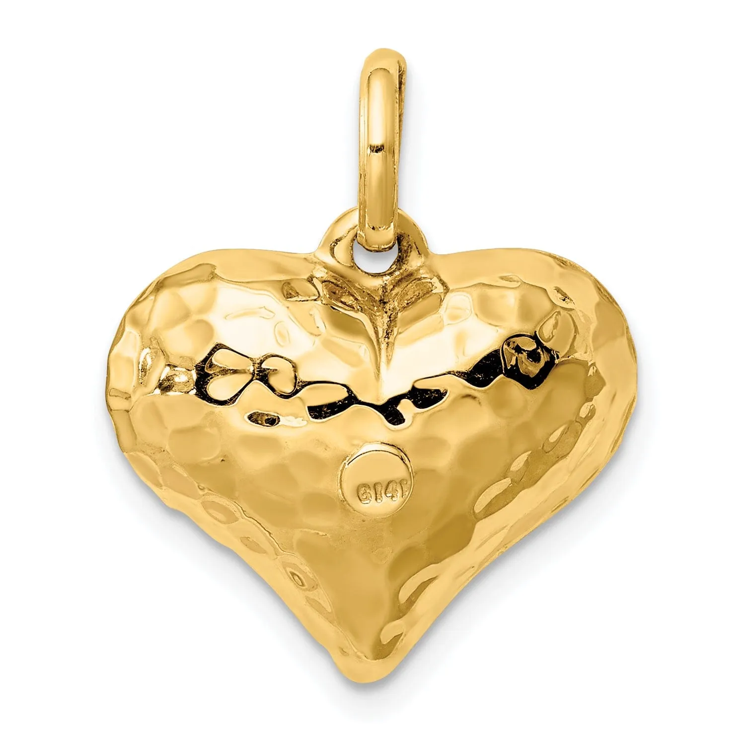 14K Yellow Gold Hollow Polished Hammered Finish 3-Dimenisonal Puff Heart Design Charm Pendant