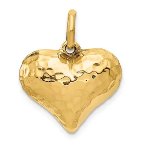 14K Yellow Gold Hollow Polished Hammered Finish 3-Dimenisonal Puff Heart Design Charm Pendant