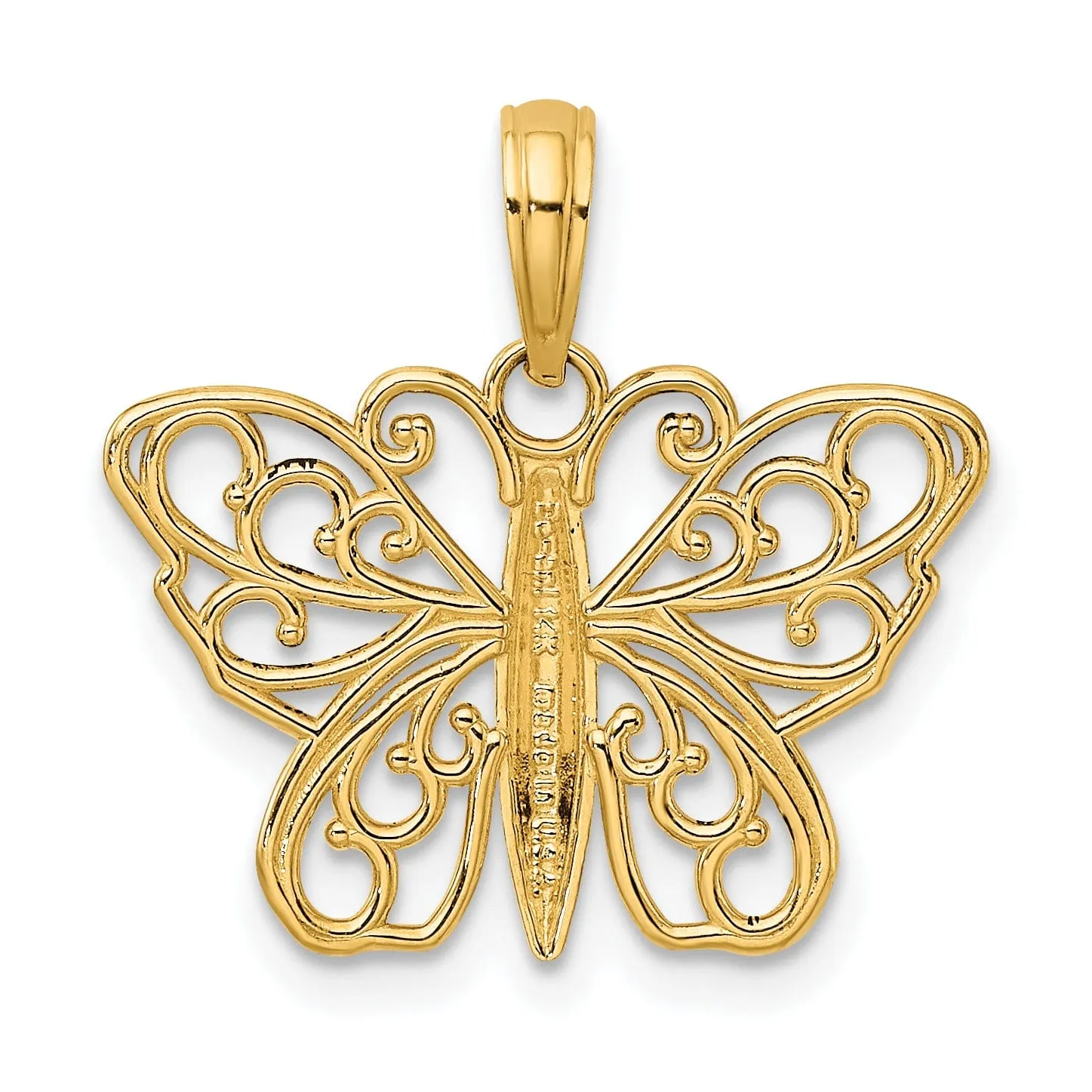 14K Yellow Gold Open Back Filigree Solid Polished Finish Butterfly Charm Pendant