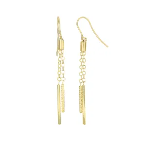 14K Yellow Gold Shiny And Diamond Cut Cylinders On Chain Drop Earrings