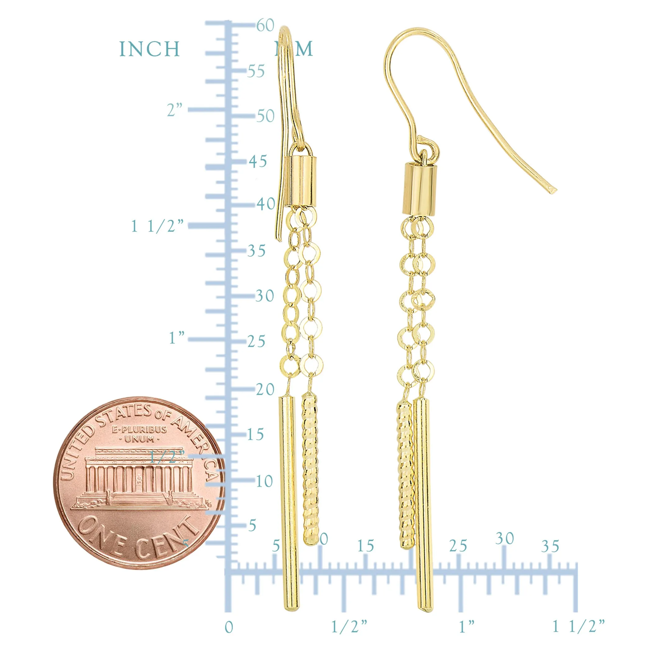 14K Yellow Gold Shiny And Diamond Cut Cylinders On Chain Drop Earrings