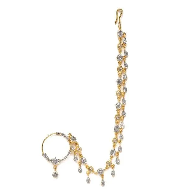 14kt Gold Plated AD Studded Handcrafted Nose Ring With Chain