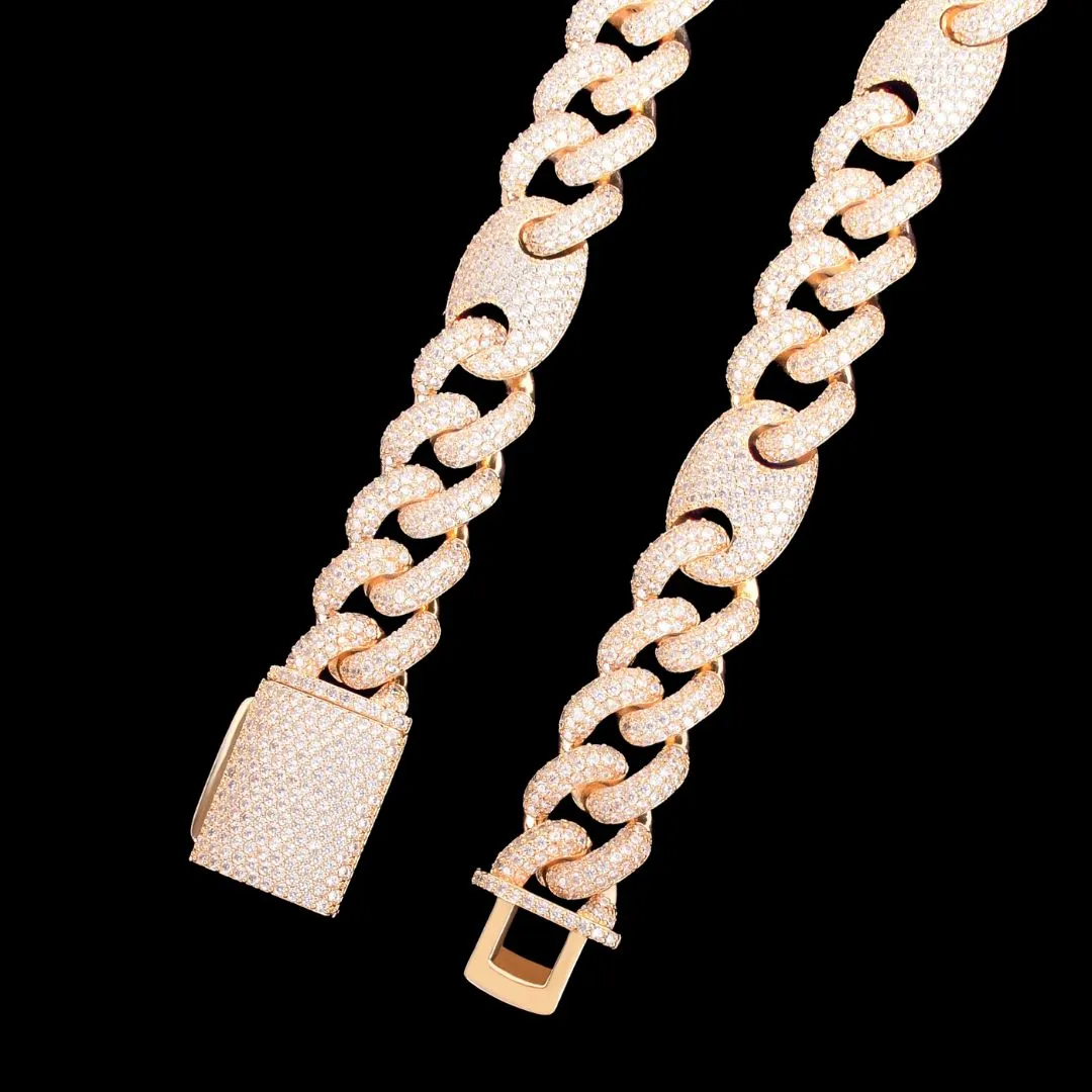 14MM Bean and Links Cuban Iced Out Diamond Necklace Bracelet Set