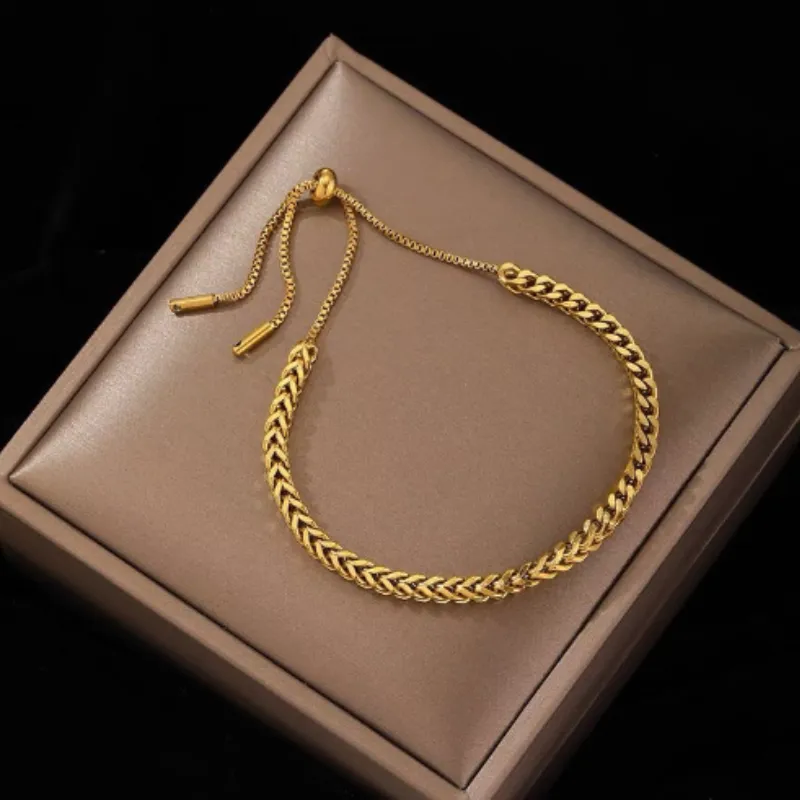 18k Gold Braided Pull-Out Link Chain Bracelet Stainless Steel