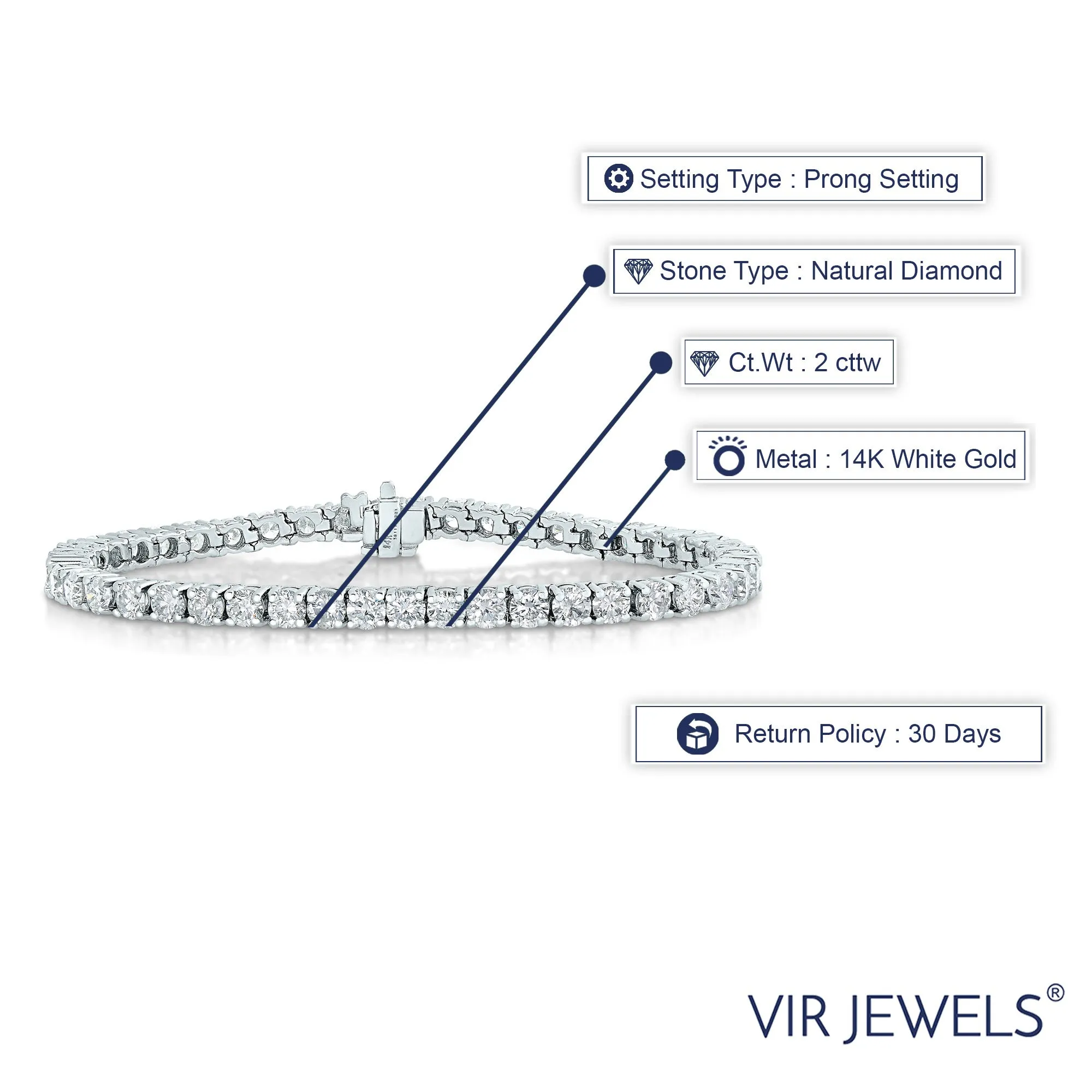 2 cttw Round Diamond Tennis Bracelets in 14K White Gold