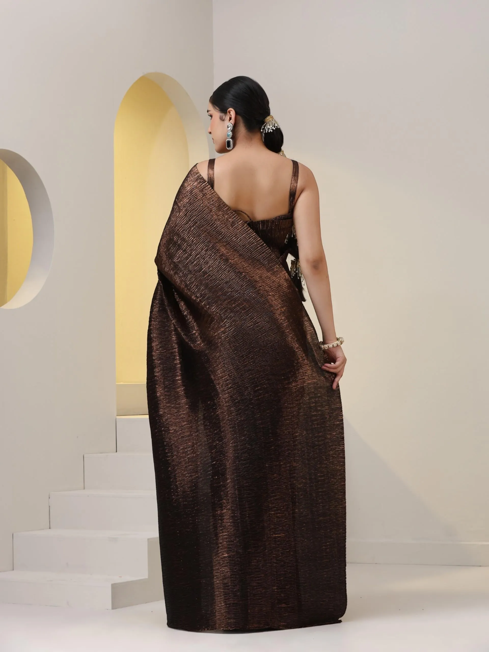 2 pc SET - Magnificent Bronze Shiny Pleated Pre-Draped Saree with Blouse Fabric