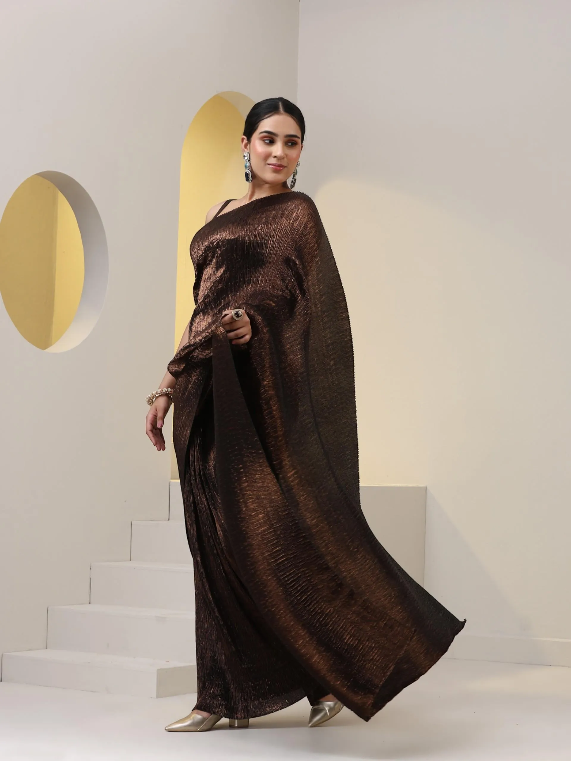 2 pc SET - Magnificent Bronze Shiny Pleated Pre-Draped Saree with Blouse Fabric