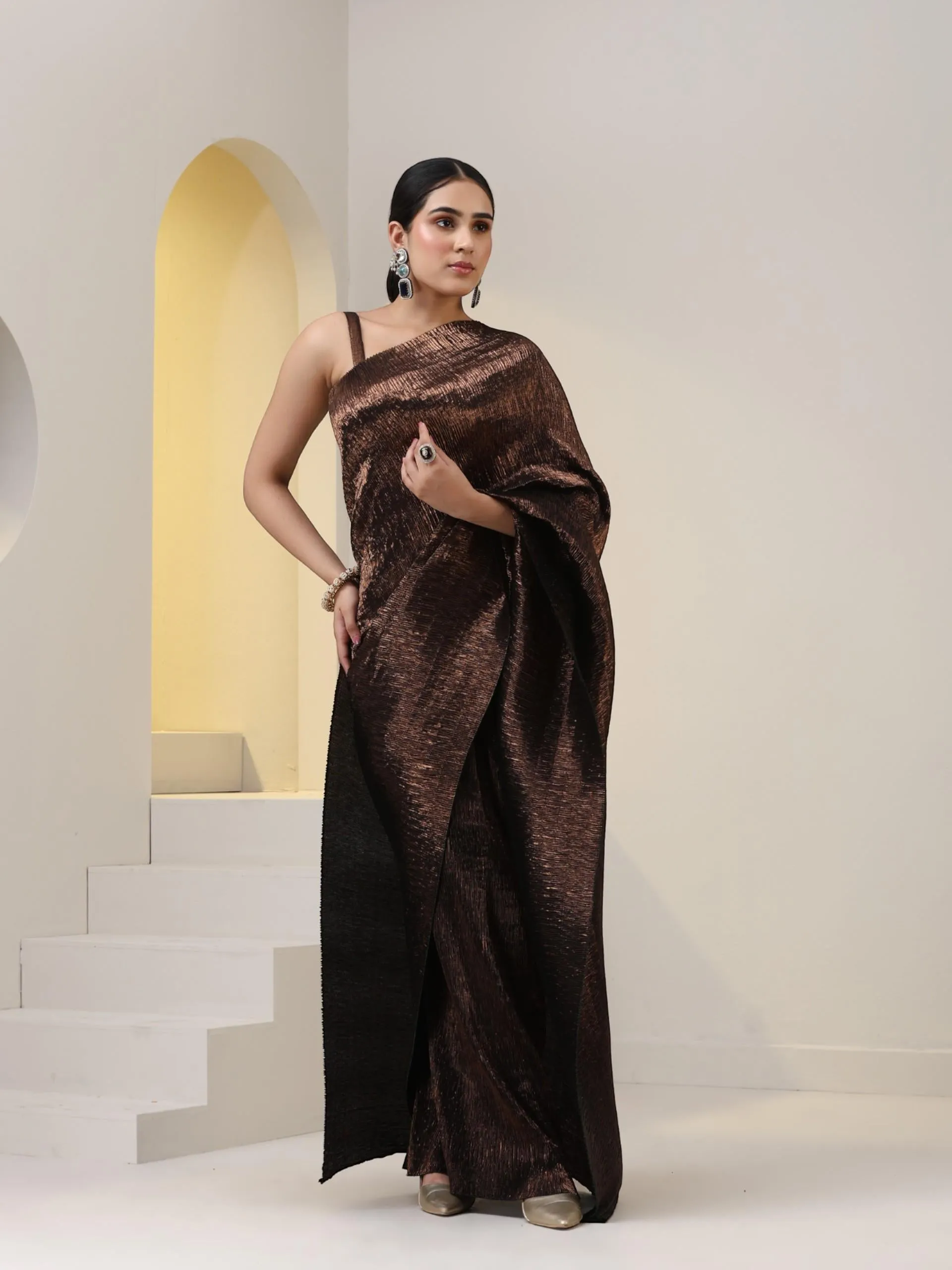 2 pc SET - Magnificent Bronze Shiny Pleated Pre-Draped Saree with Blouse Fabric