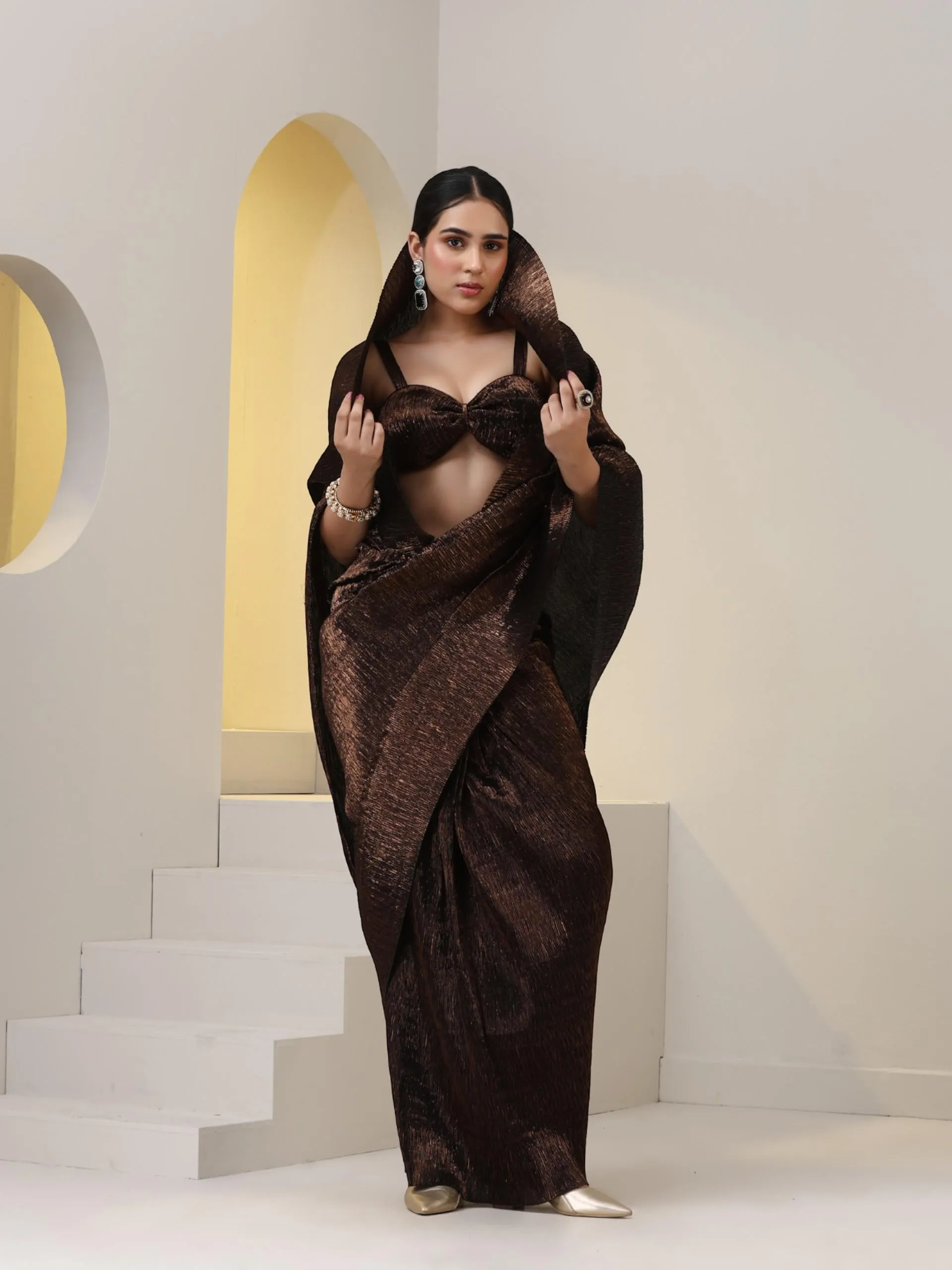 2 pc SET - Magnificent Bronze Shiny Pleated Pre-Draped Saree with Blouse Fabric