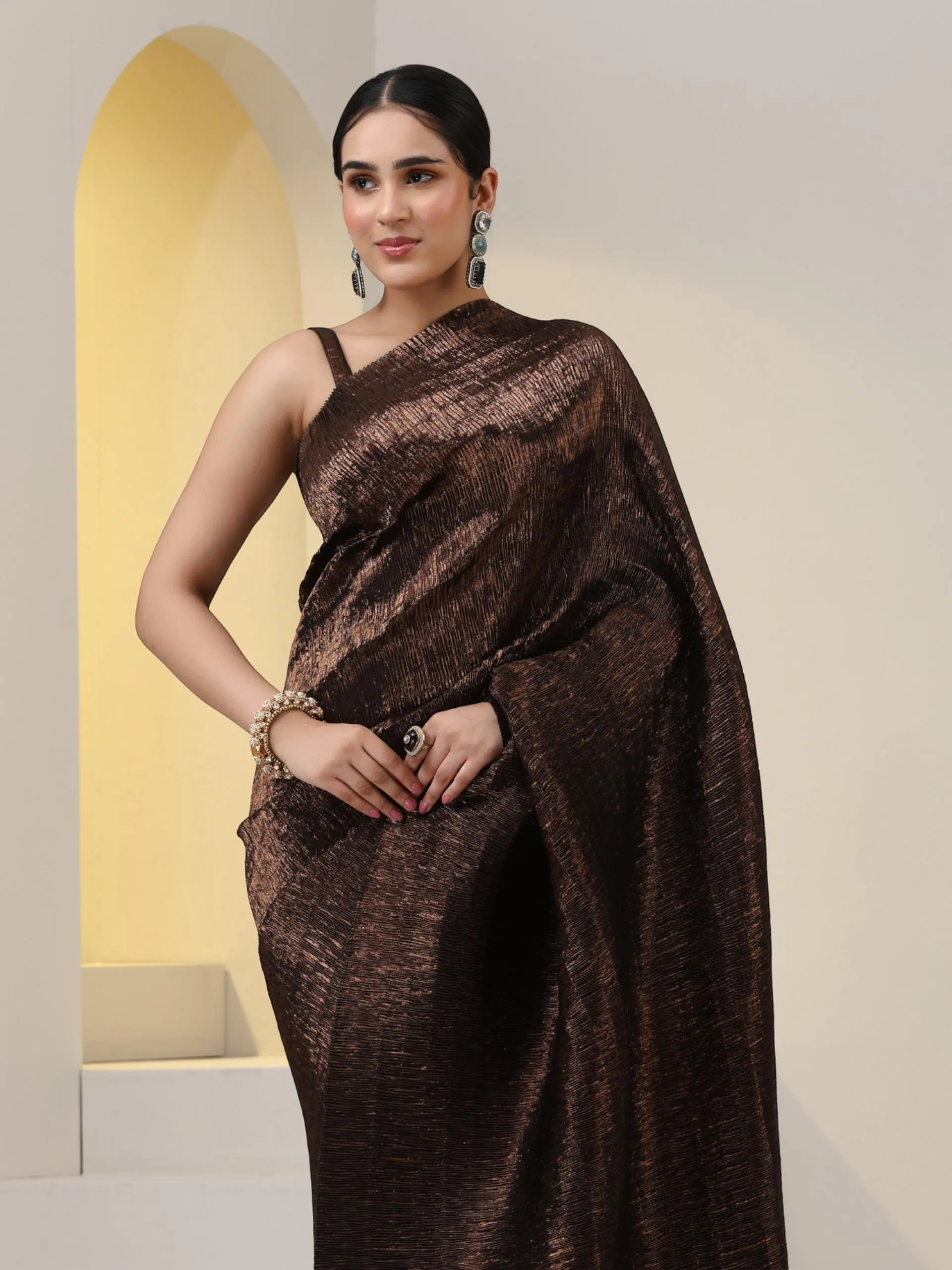 2 pc SET - Magnificent Bronze Shiny Pleated Pre-Draped Saree with Blouse Fabric