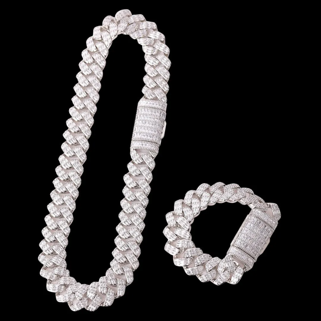 20MM Baguette Cut Diamond Clasp Iced Out Diamond Necklace Bracelet Set