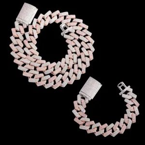 20MM Solid Duo Rose Iced Out Diamond Necklace Bracelet Set