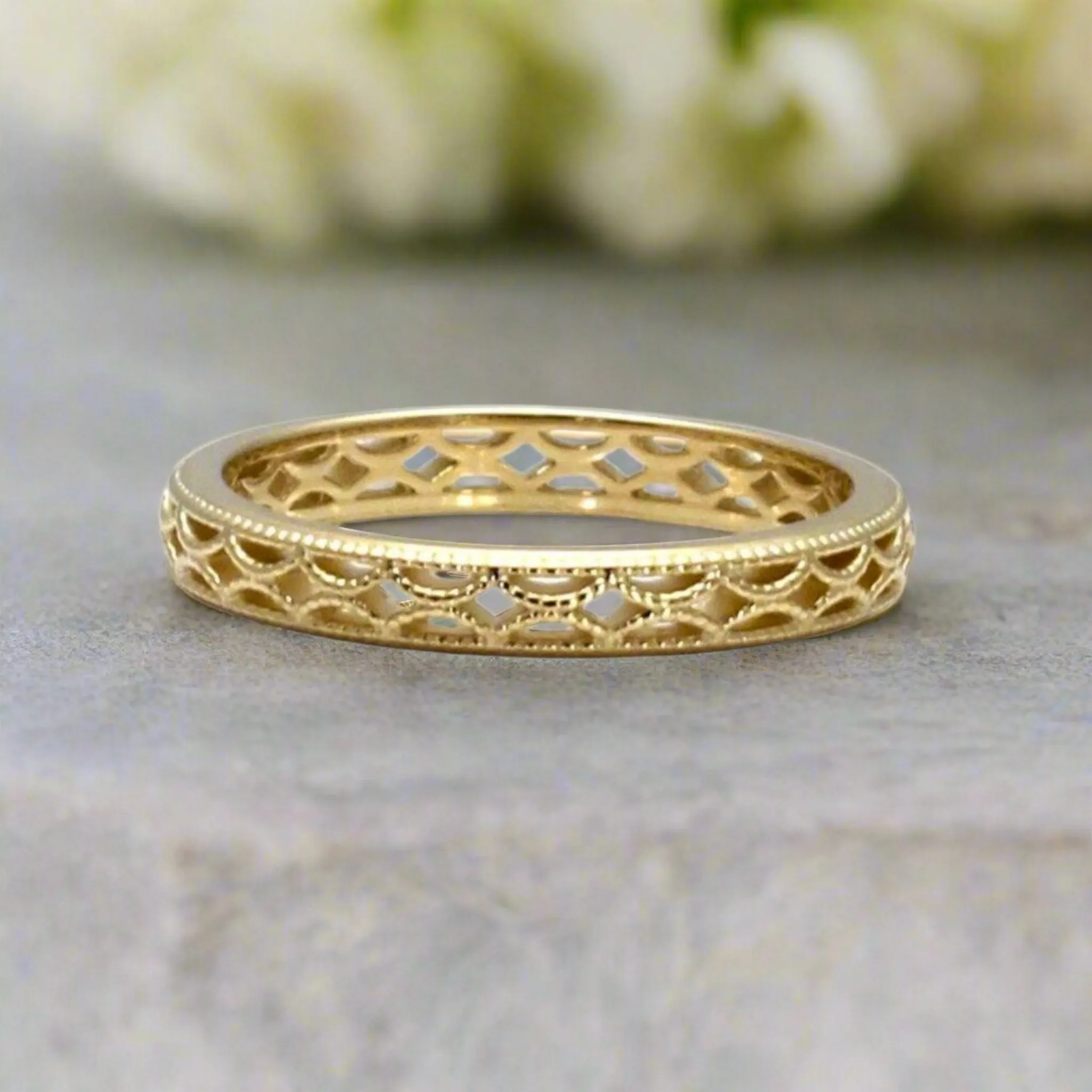 3mm Vintage Style Wedding Band | Art Deco Design with Filigree, Openwork and Milgrain