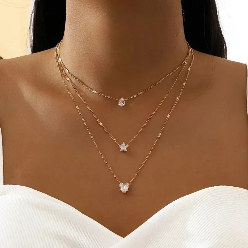 3Pcs/Set Vintage Shiny Rhinestone Love Heart Pendant Necklace for Women Simple Multilayer Thin Chain Choker Bridal Neck Jewelry