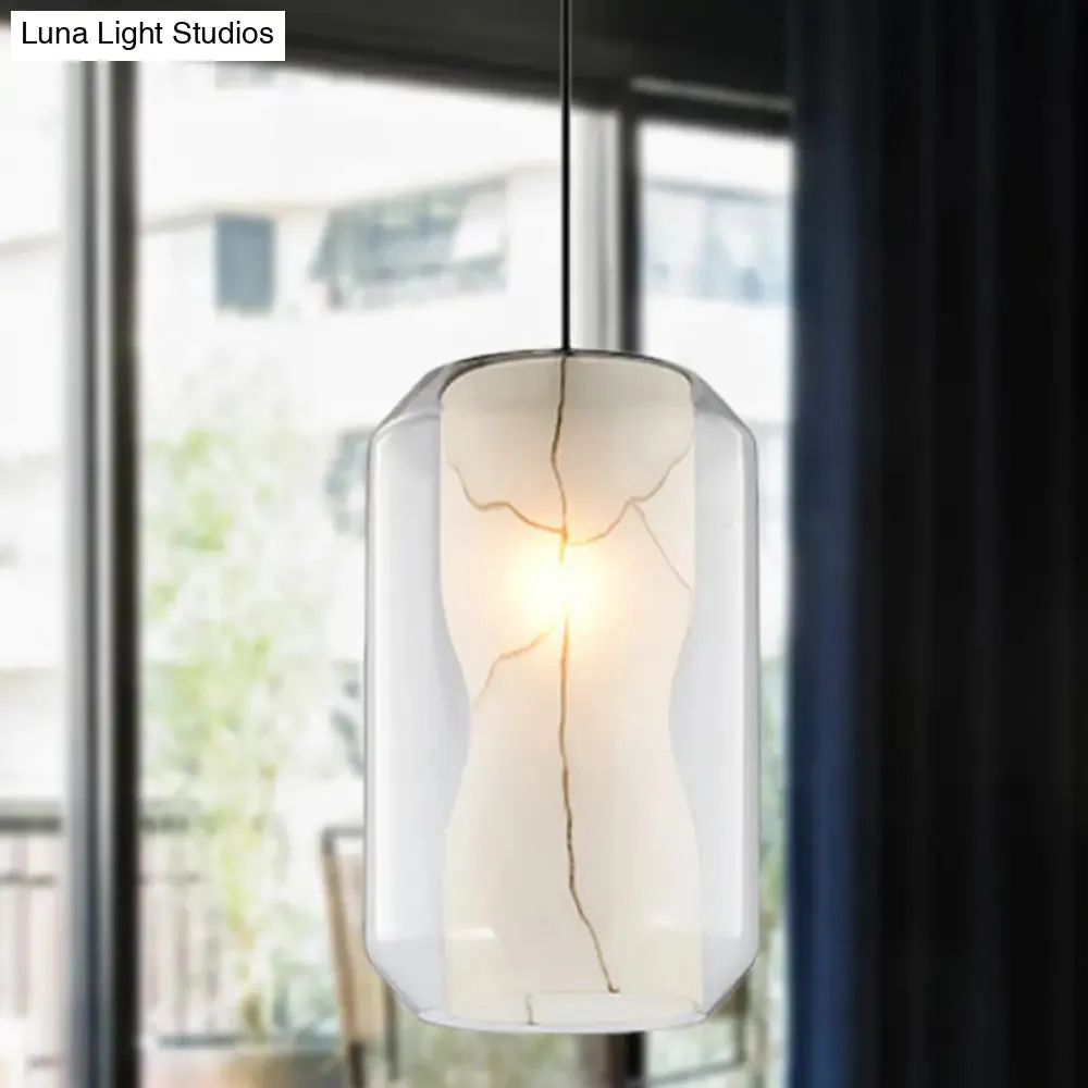 8"/10" Clear Glass Lantern Pendant Light with White Marble Shade