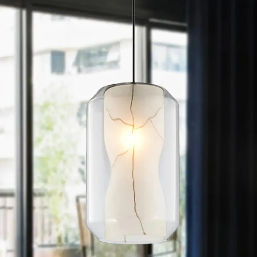 8"/10" Clear Glass Lantern Pendant Light with White Marble Shade