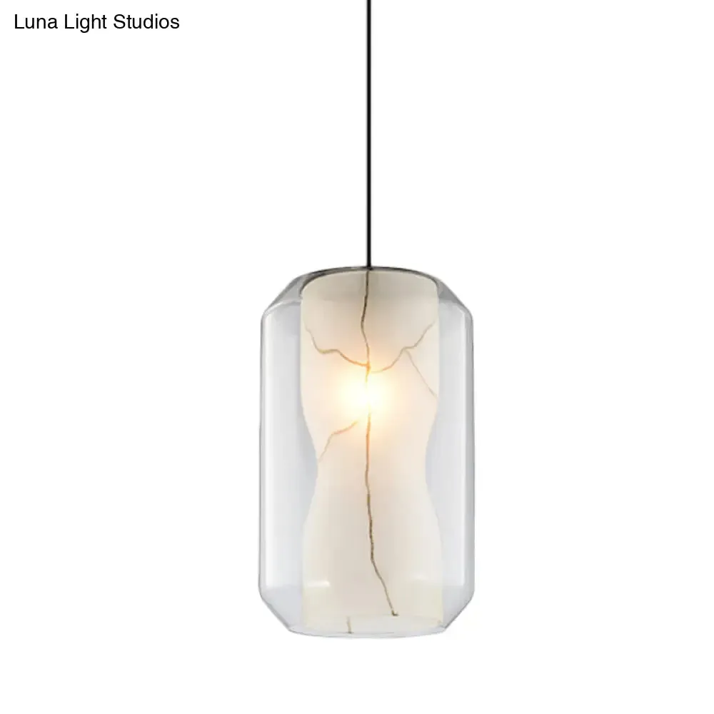 8"/10" Clear Glass Lantern Pendant Light with White Marble Shade