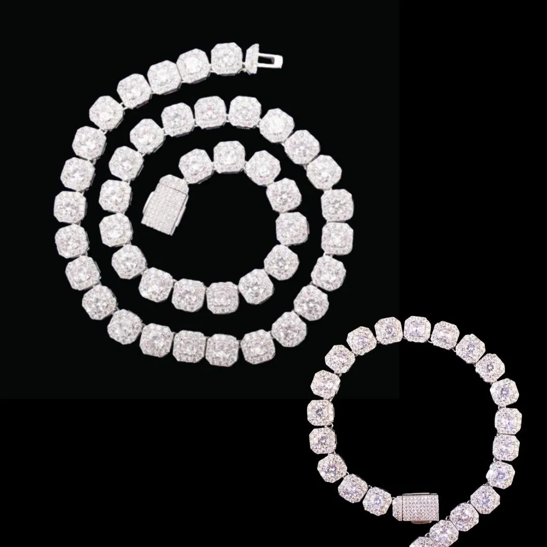 9MM Square Clustered Tennis Iced Out Diamond Necklace Bracelet Set