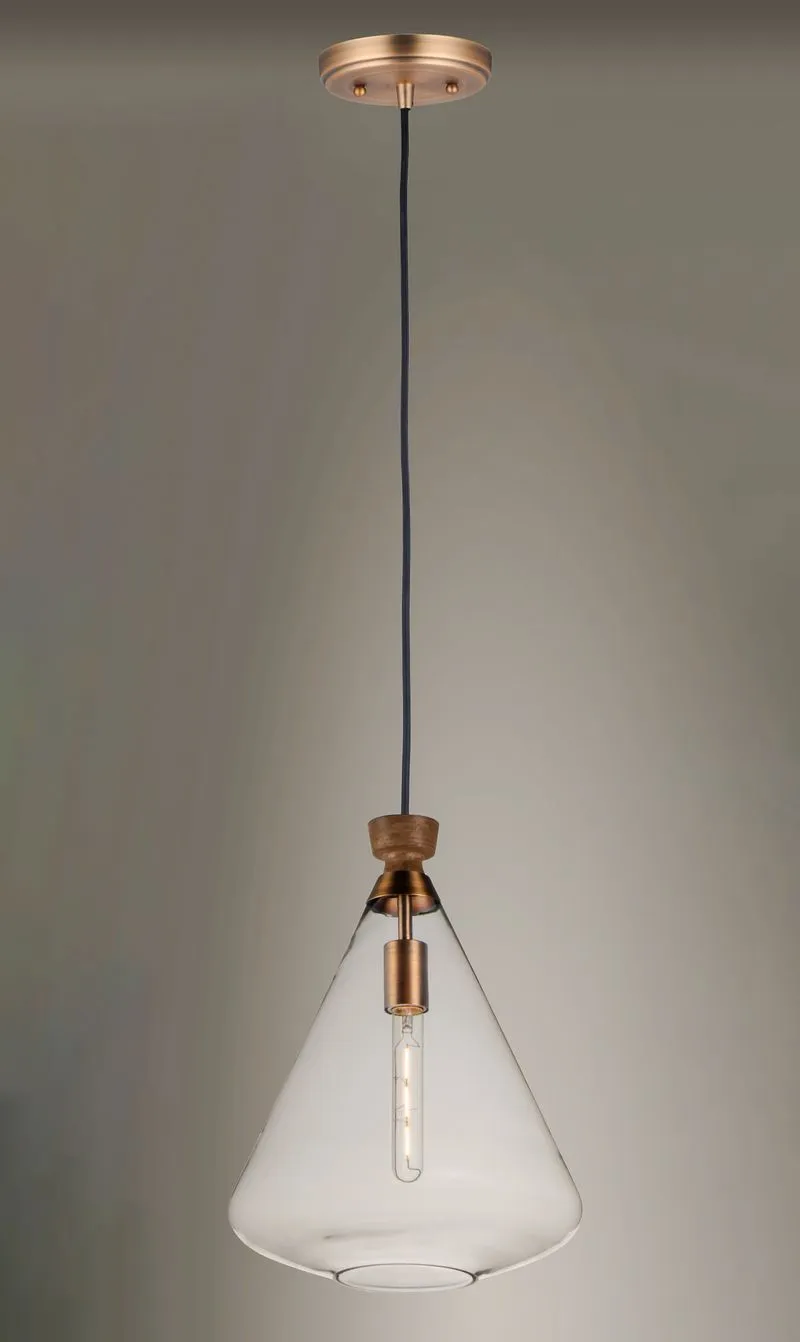 Abbott 12.5" Single Light Pendant in Weathered Oak and Antique Brass