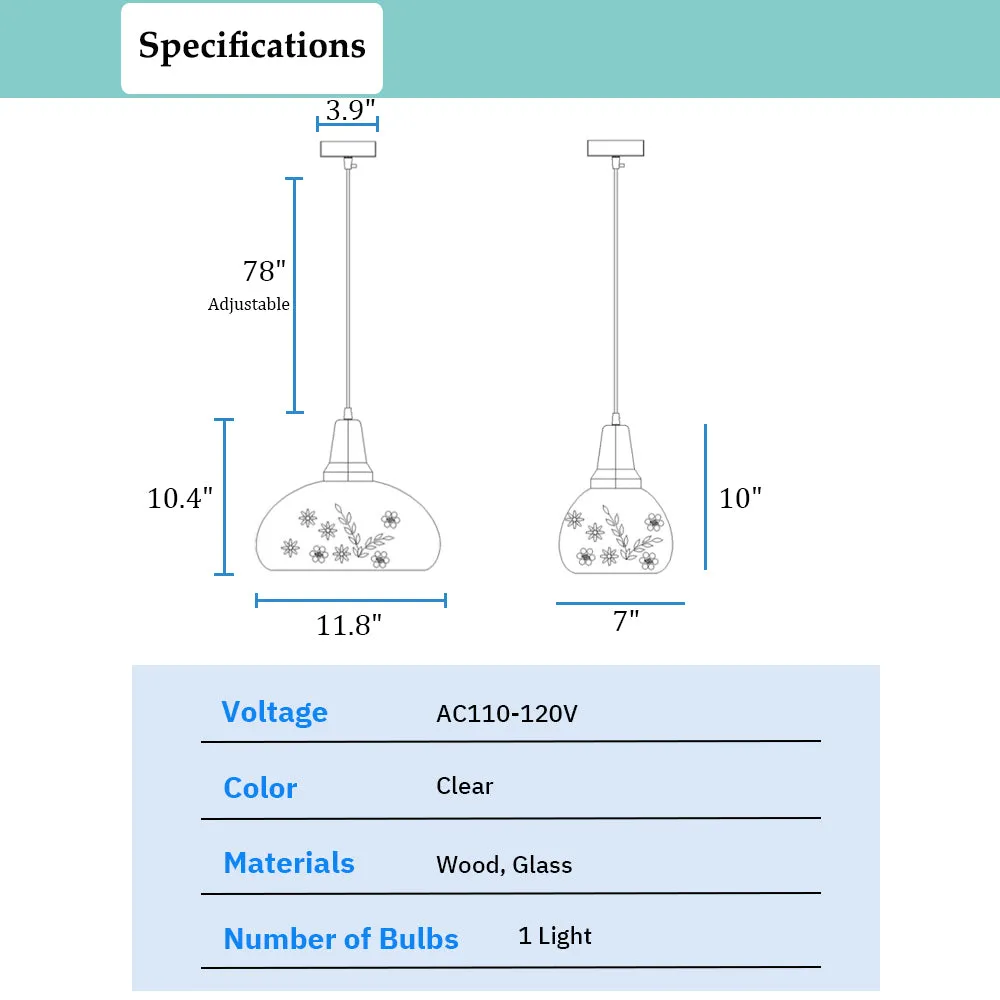 Aeyee Rustic Carved Glass Pendant Lighting Handmade Wood Hanging Light Fixture, Art Deco Flower Ceiling Pendant Light for Kitchen Island