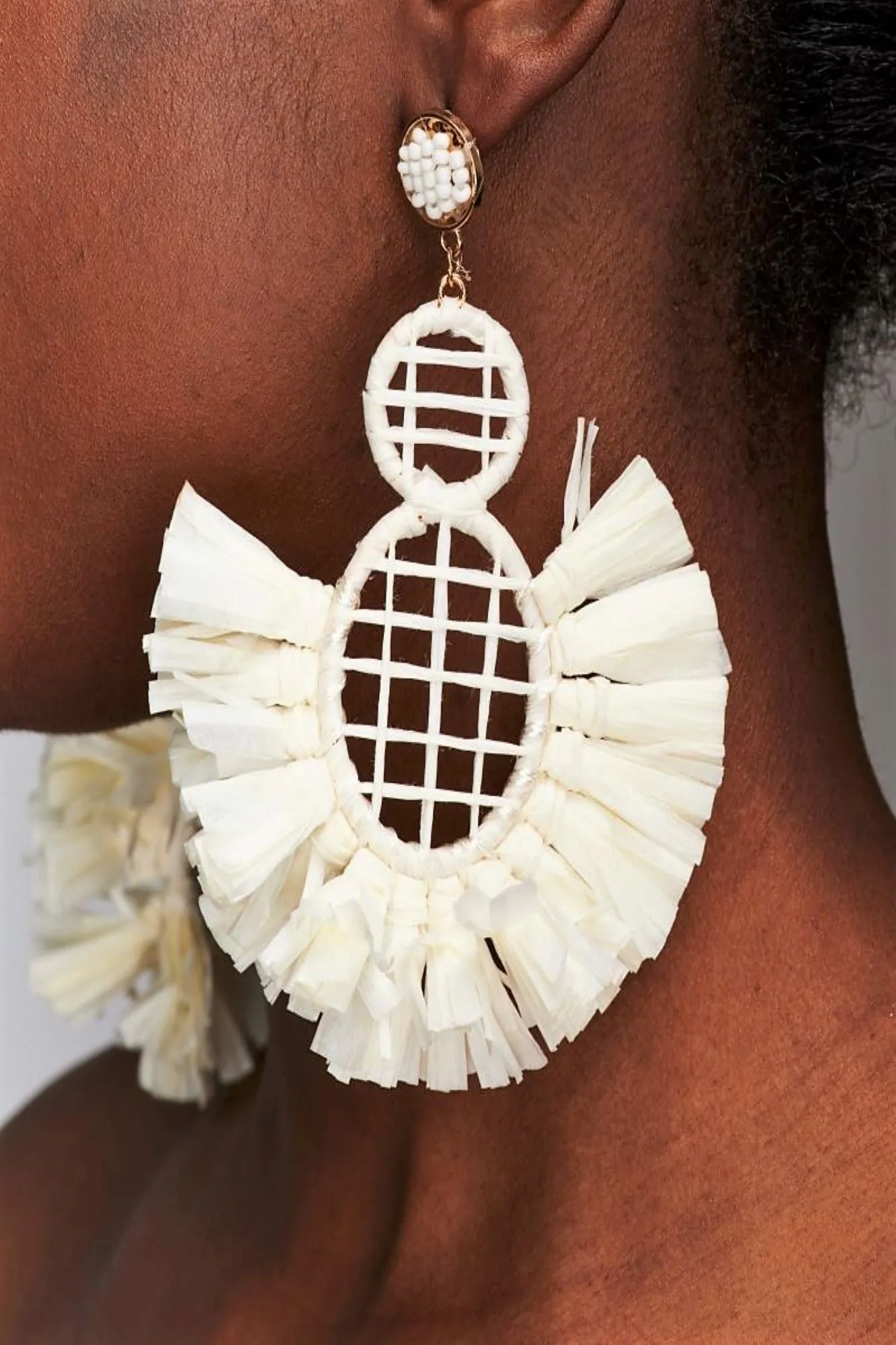 African Raffia Drop White Earrings