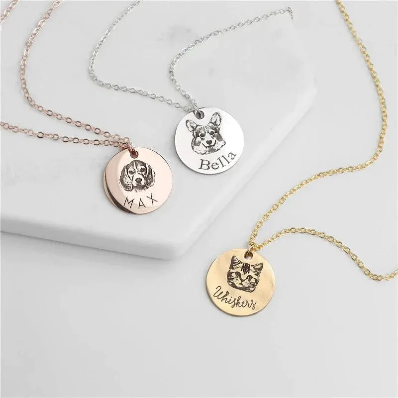 Animal portrait personalized necklace Stainless Steel Engraved Disc Pendants Pet Necklace Custom Memorial Day Jewelry