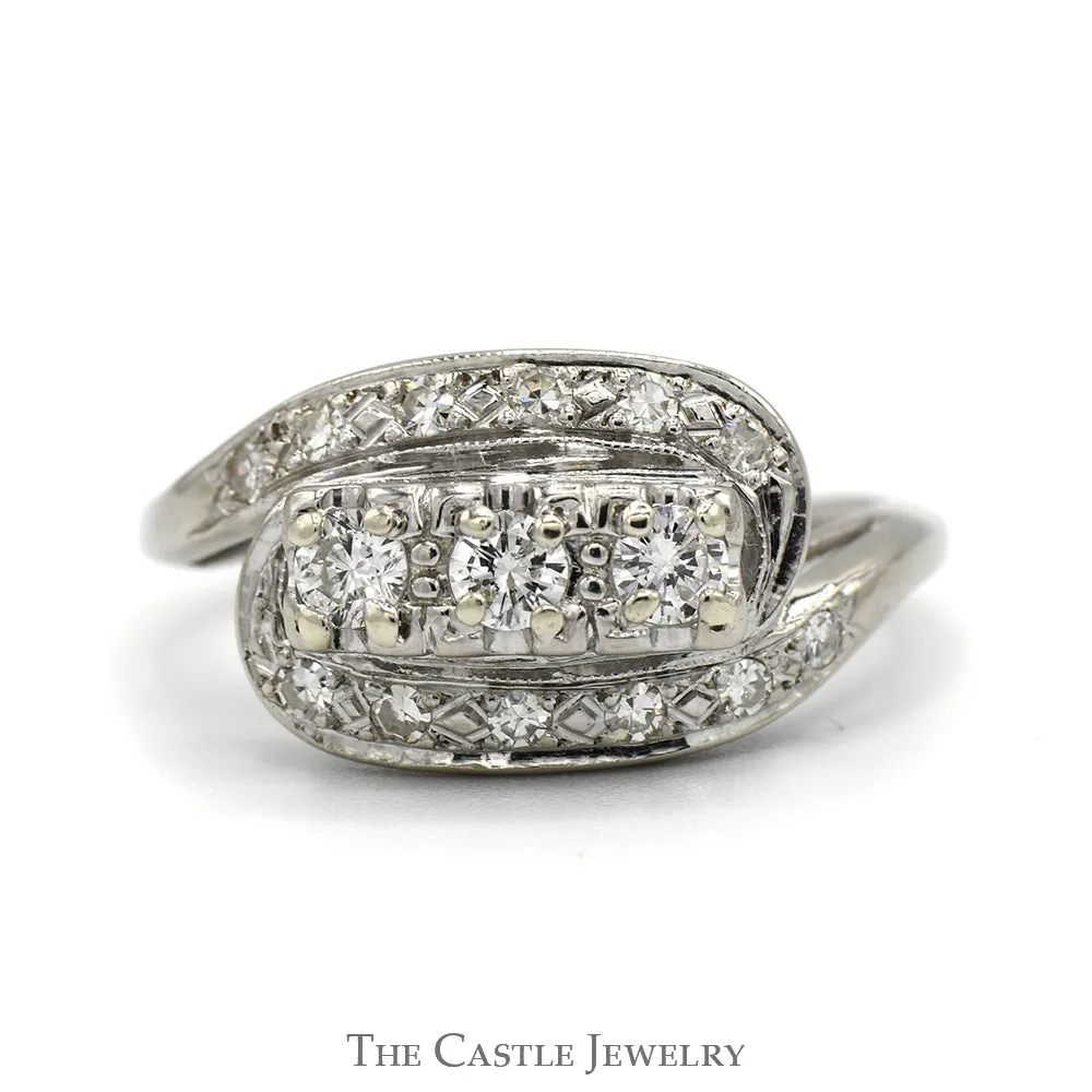 Antique Style 1/2cttw Three Stone Diamond Ring with Diamond Accents in 14k White Gold Bypass Design