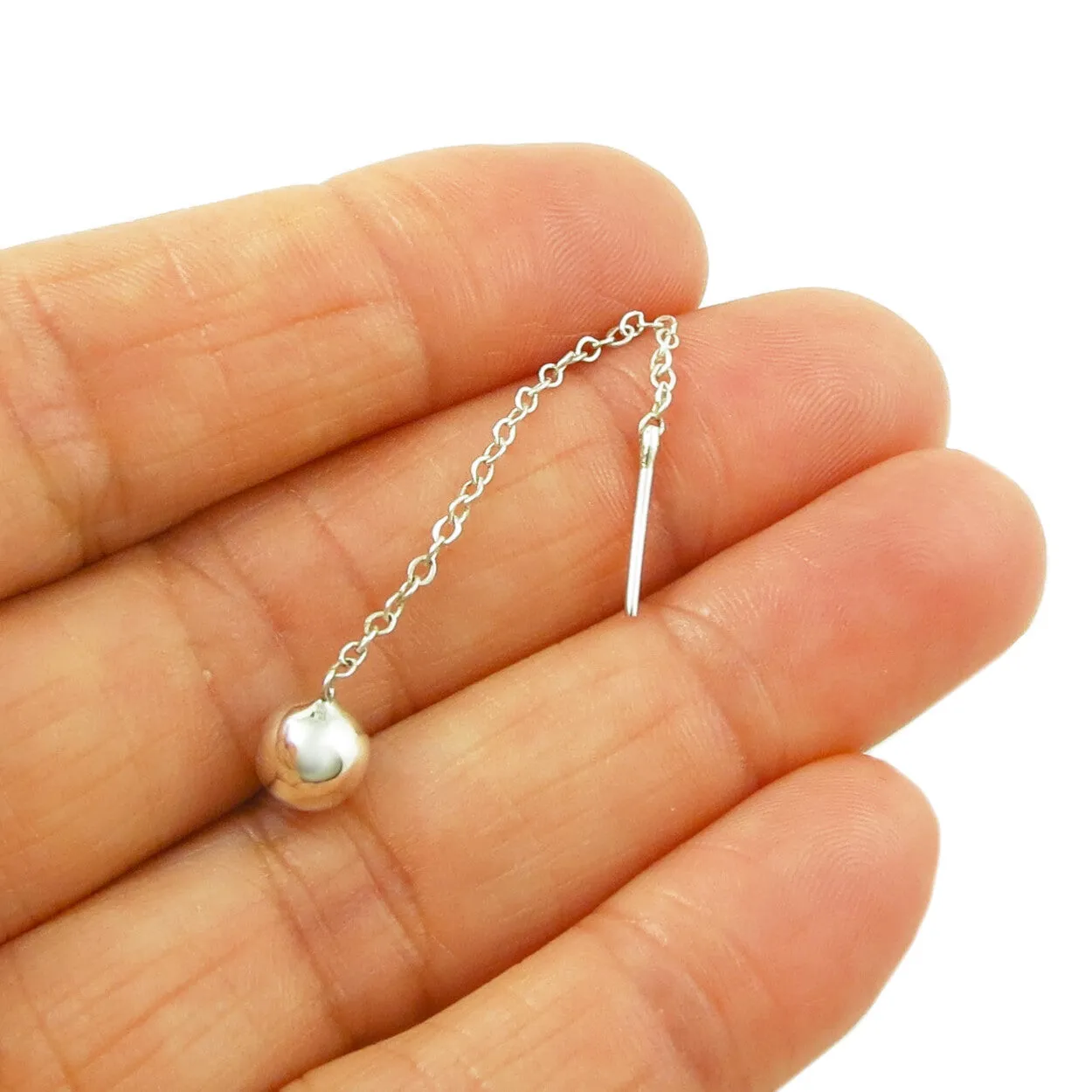 Ball Bead 925 Silver Pull Through Chain Earrings