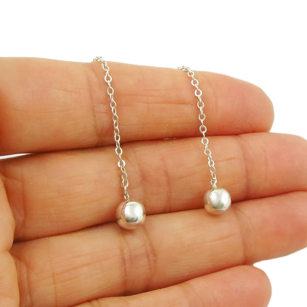 Ball Bead 925 Silver Pull Through Chain Earrings