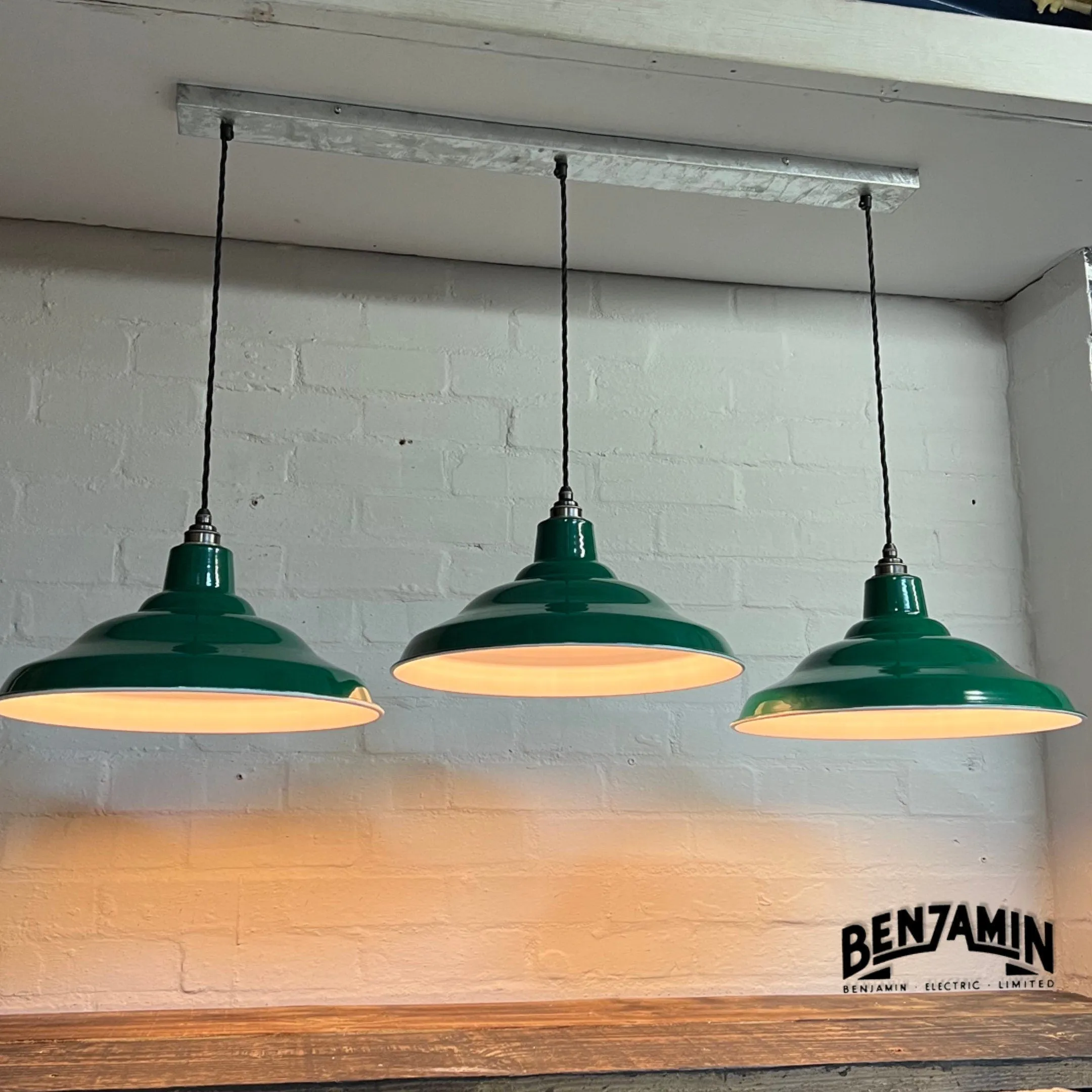 Bawsey ~ 3 x Original Green Shade Design Pendant Wire Set Track Cluster Dome Light | 16 Inch | Dining Room | Kitchen Table | Vintage