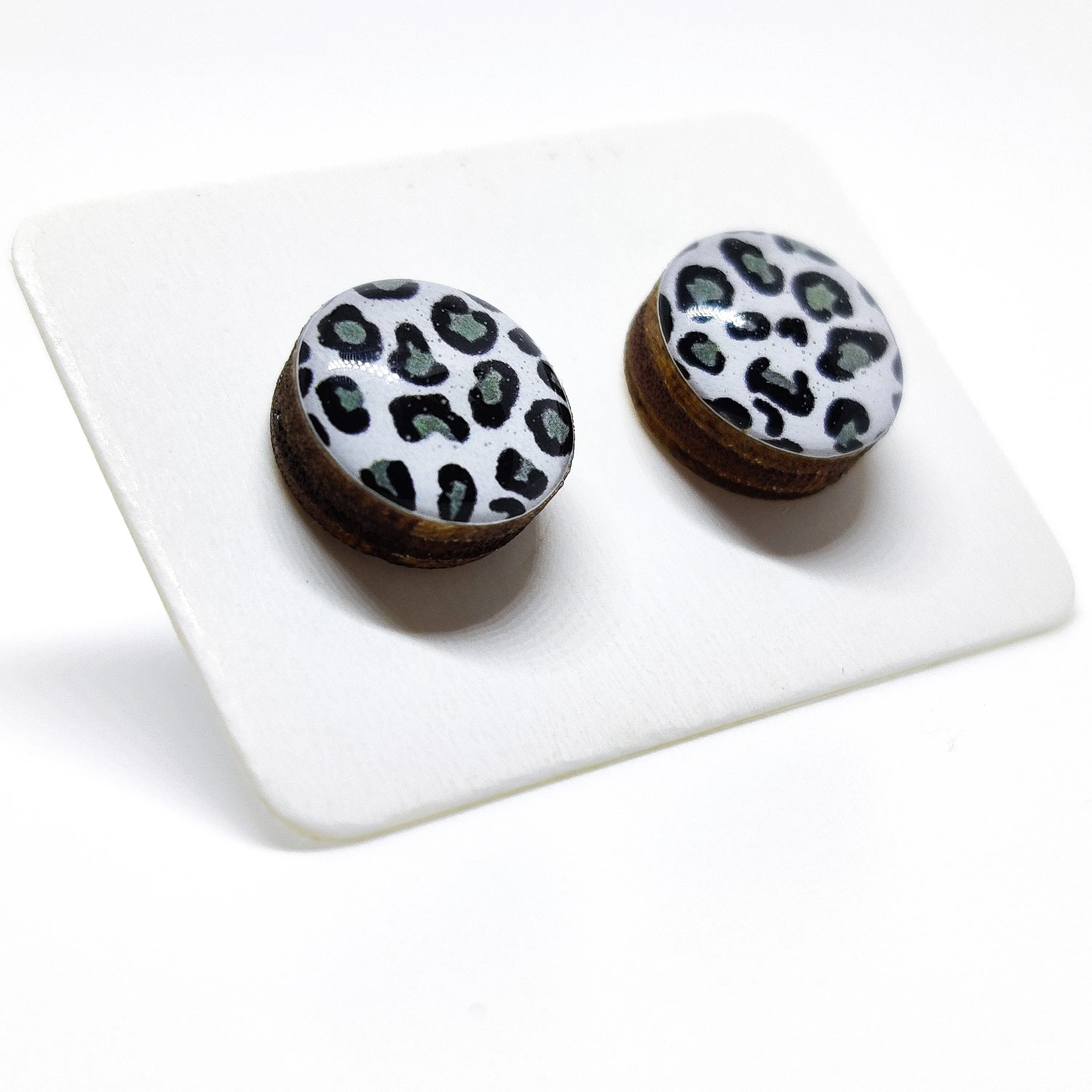 Black, White, Grey Snow Leopard Stud Earrings by Candi Cove Designs