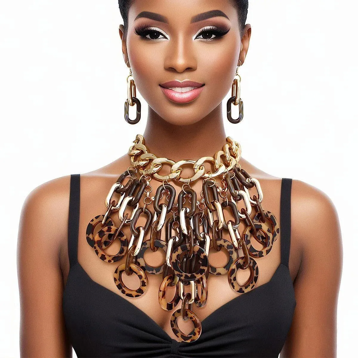 Bold Gold Chunky Chain Choker Necklace Set with Leopard Accents for Confident Women