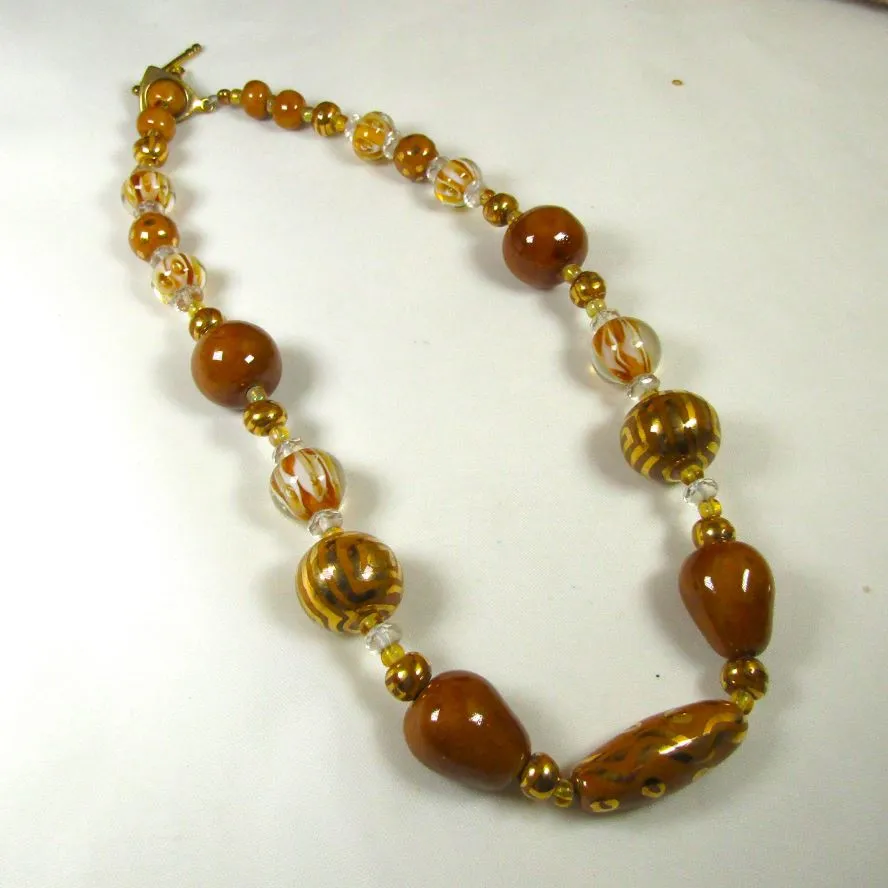 Brown and Gold Fair Trade Bead  Necklace Kazuri