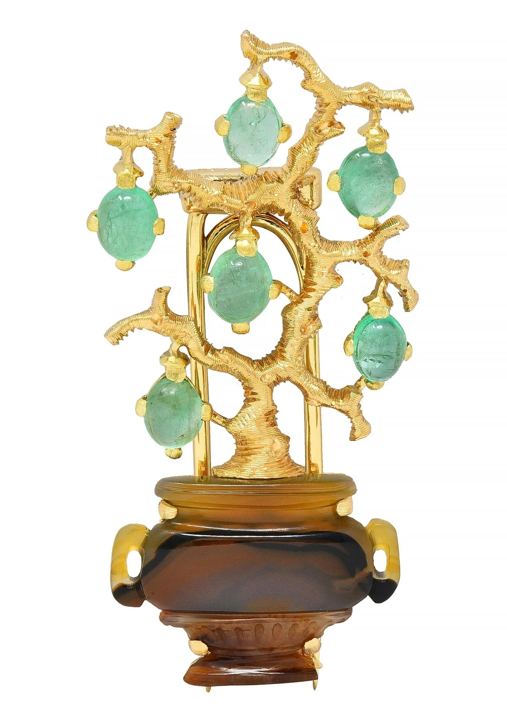 Buccellati Vintage Emerald Carved Agate 18 Karat Yellow Gold Giardinetti Tree Brooch