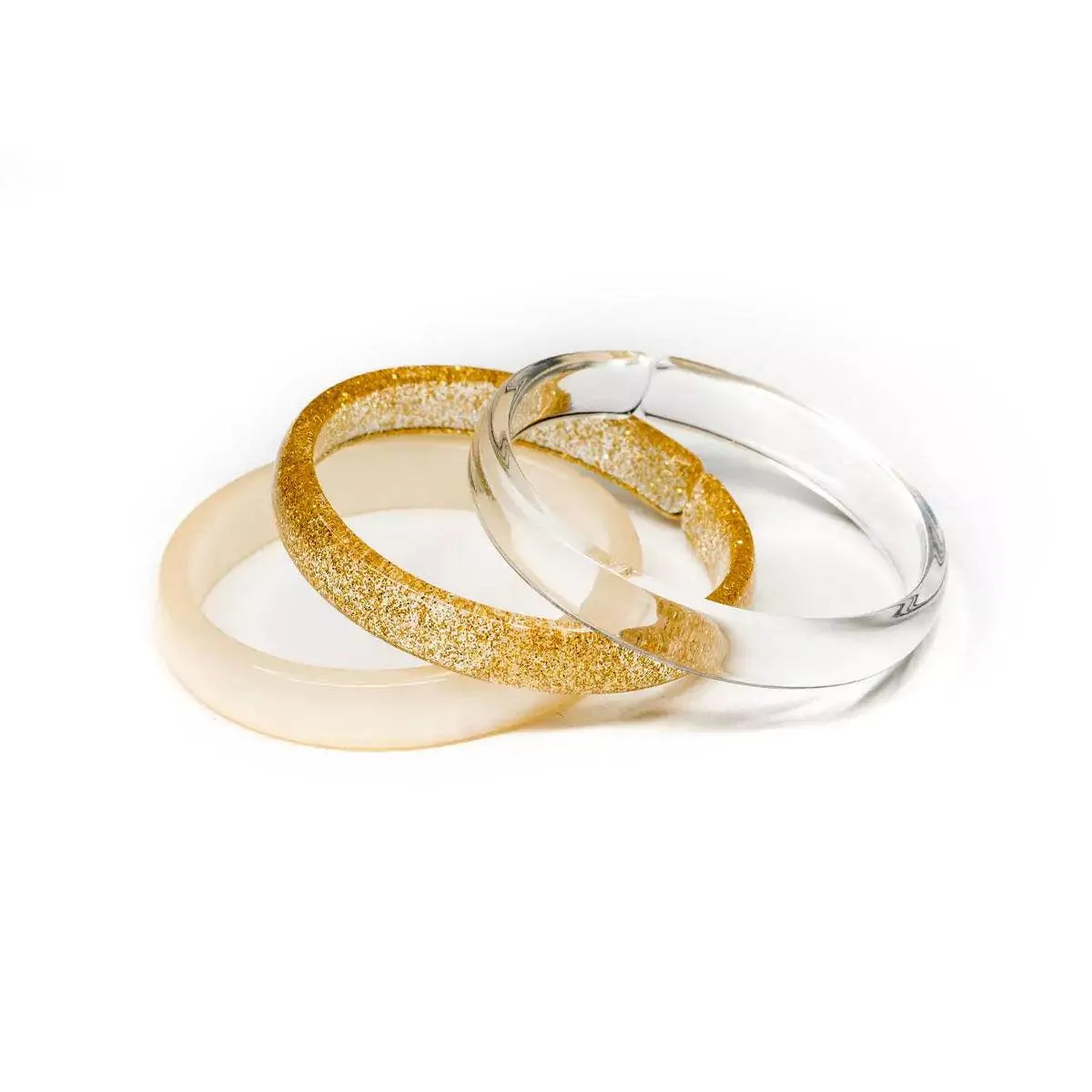 Clear, Glitter Gold, and Pearlized Gold Bangle Bracelet Set