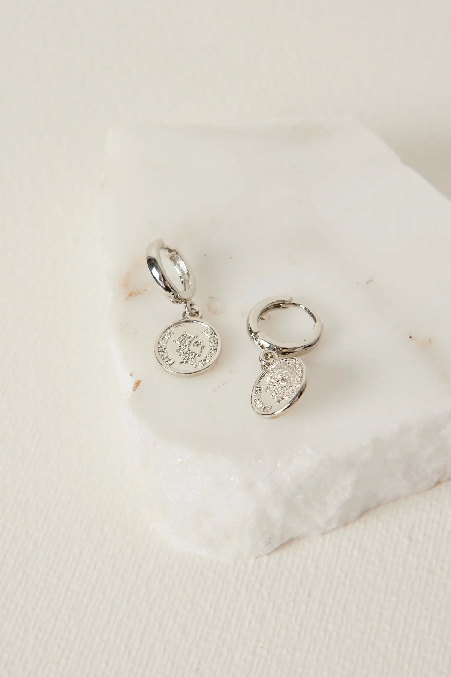 Coin Huggie Rhodium EOL Earrings