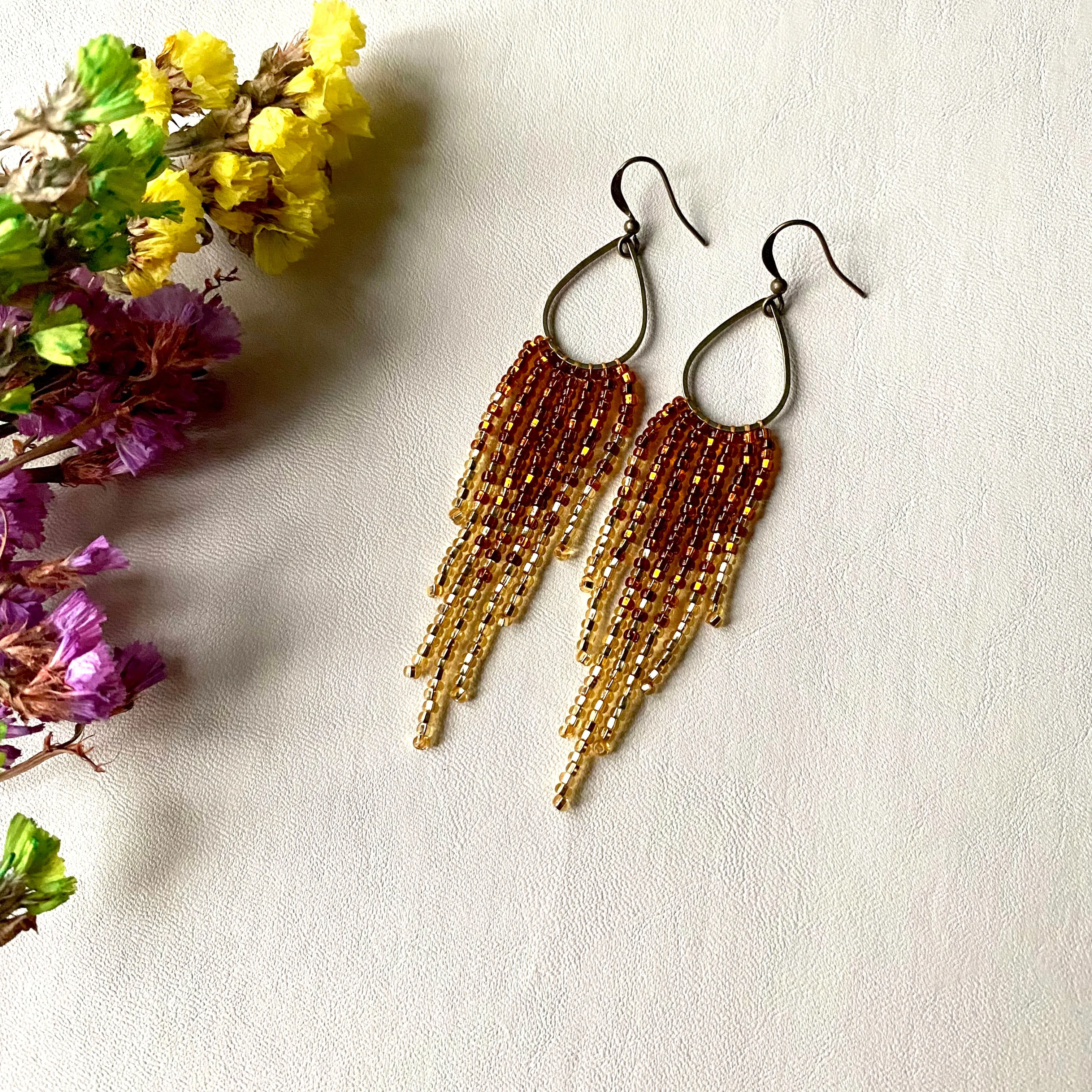 Dainty Ombre Gold Seed Bead Earrings, Shiny and Sparkly Fringe Chandelier Earrings, Bohemian Earrings, Statement Earring, Boho Chic Earrings, Luxury Earrings