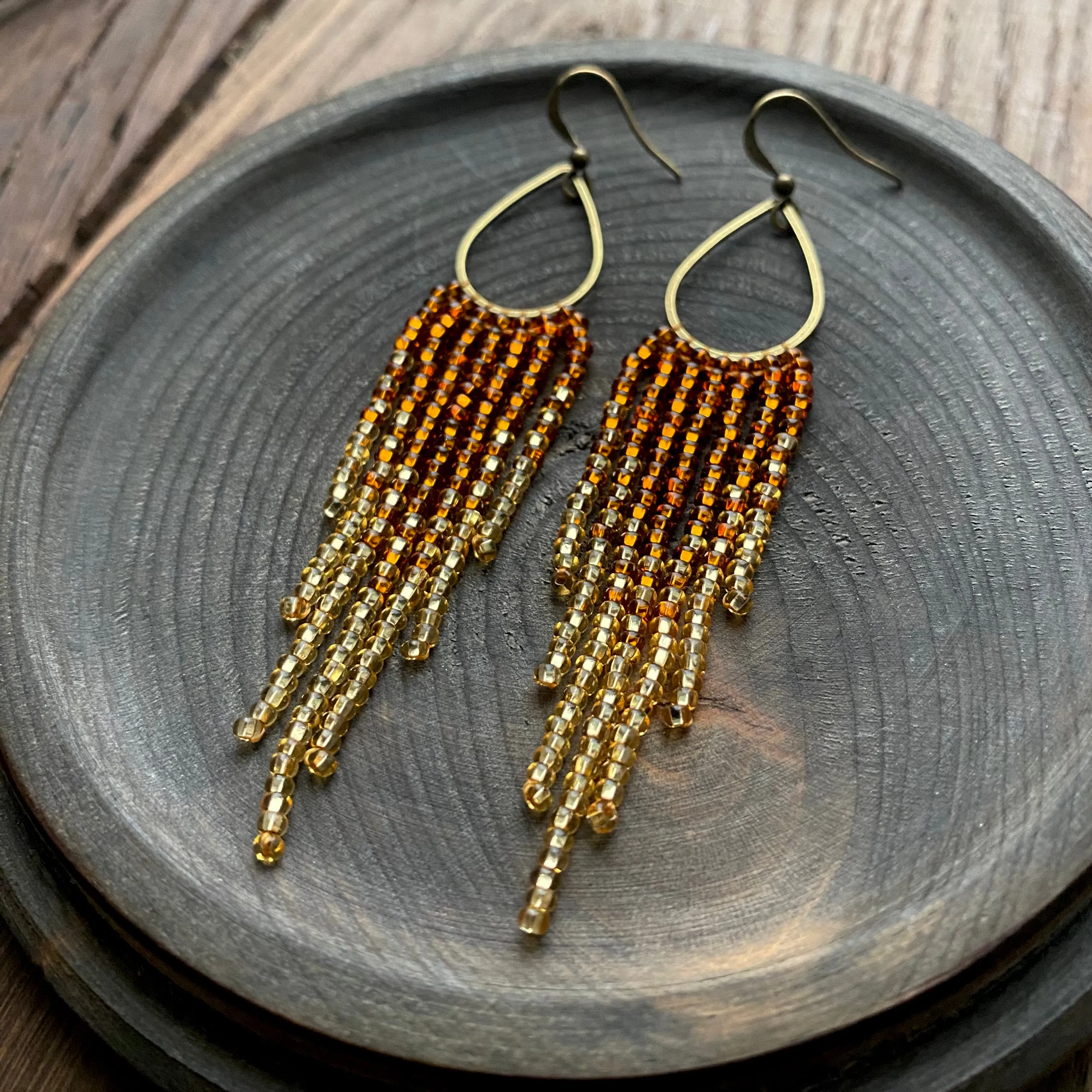 Dainty Ombre Gold Seed Bead Earrings, Shiny and Sparkly Fringe Chandelier Earrings, Bohemian Earrings, Statement Earring, Boho Chic Earrings, Luxury Earrings